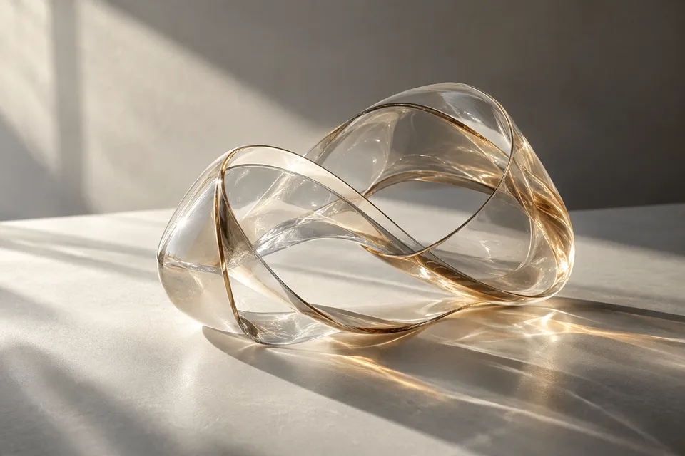 Illustrative studio still of a sculptural translucent glass ribbon