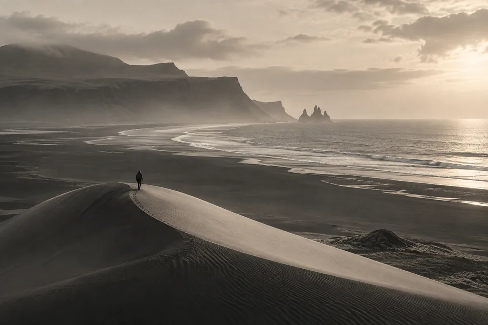 Illustrative cinematic scene of a person walking along a coastal dune